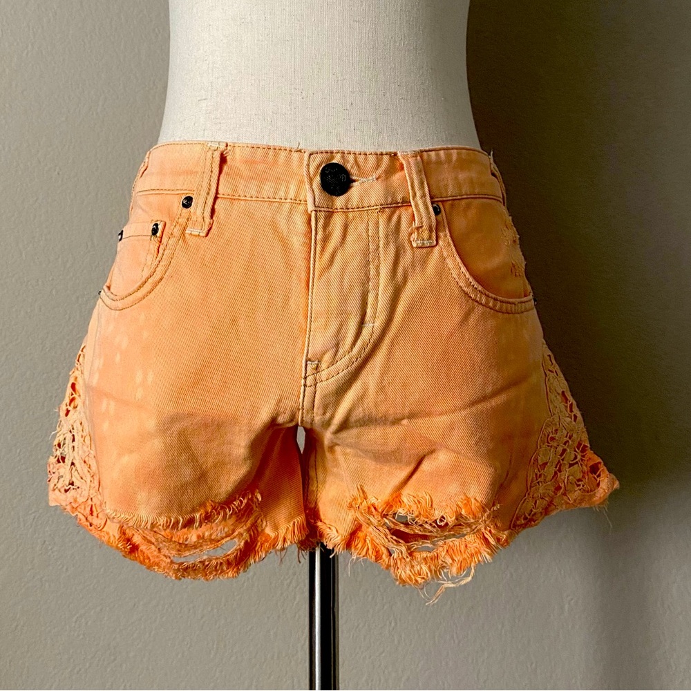 Free People Distressed Lace Denim Cutoff Shorts